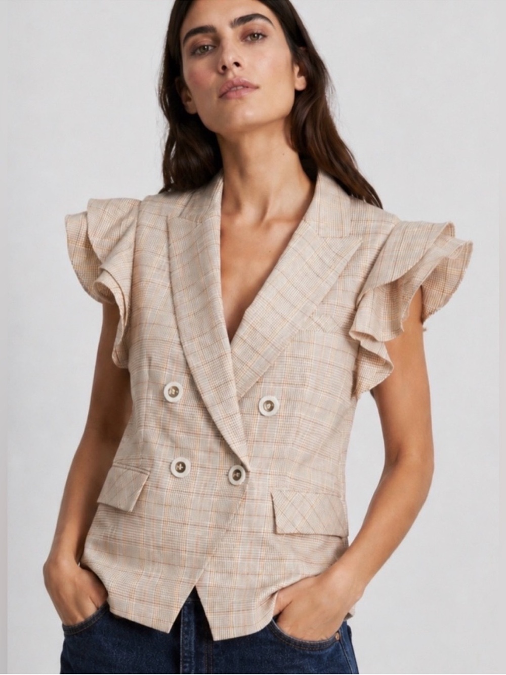$595 Veronica Beard Janae Plaid Ruffle Blazer Jacket vest Khaki Multi Sz 00 - Picture 2 of 16